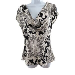 White House Black Market Silk Blouse Size XS  Black White Cap Sleeve Draped Neck
